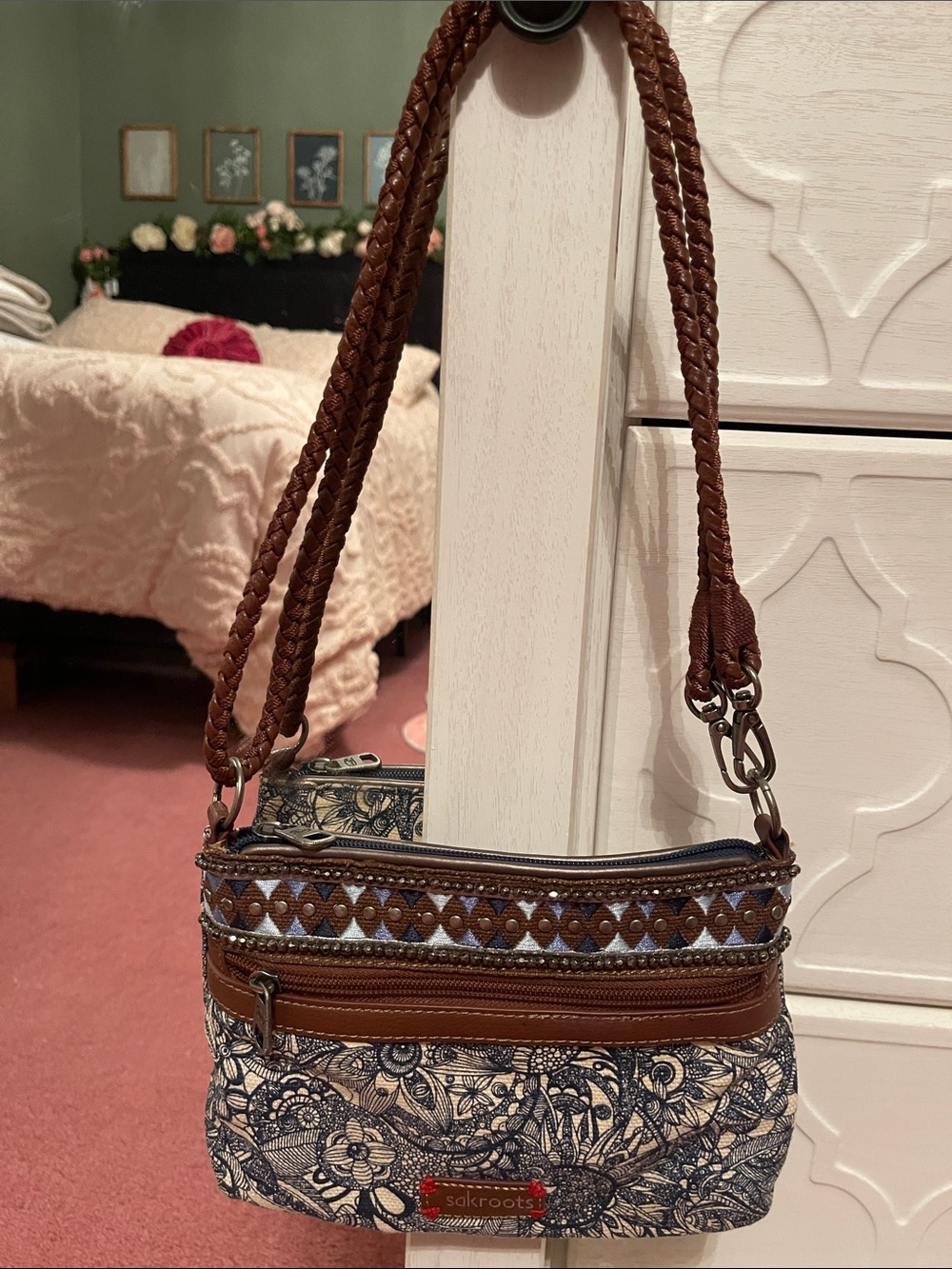 Sakroots Brown and Navy Floral Printed Crossbody Bag